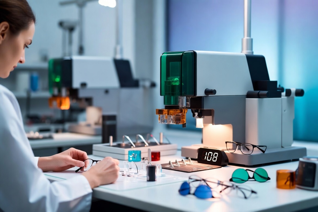 Laboratório óptico com equipamentos e montagem de óculos